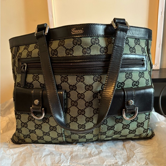 Gucci Handbags - Authentic Gucci Abbey D-Ring GG Monogram Canvas and Leather Tote Bag - Green/blk